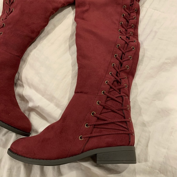 Show Dazzle Maroon Thigh High Boots - Picture 2 of 5